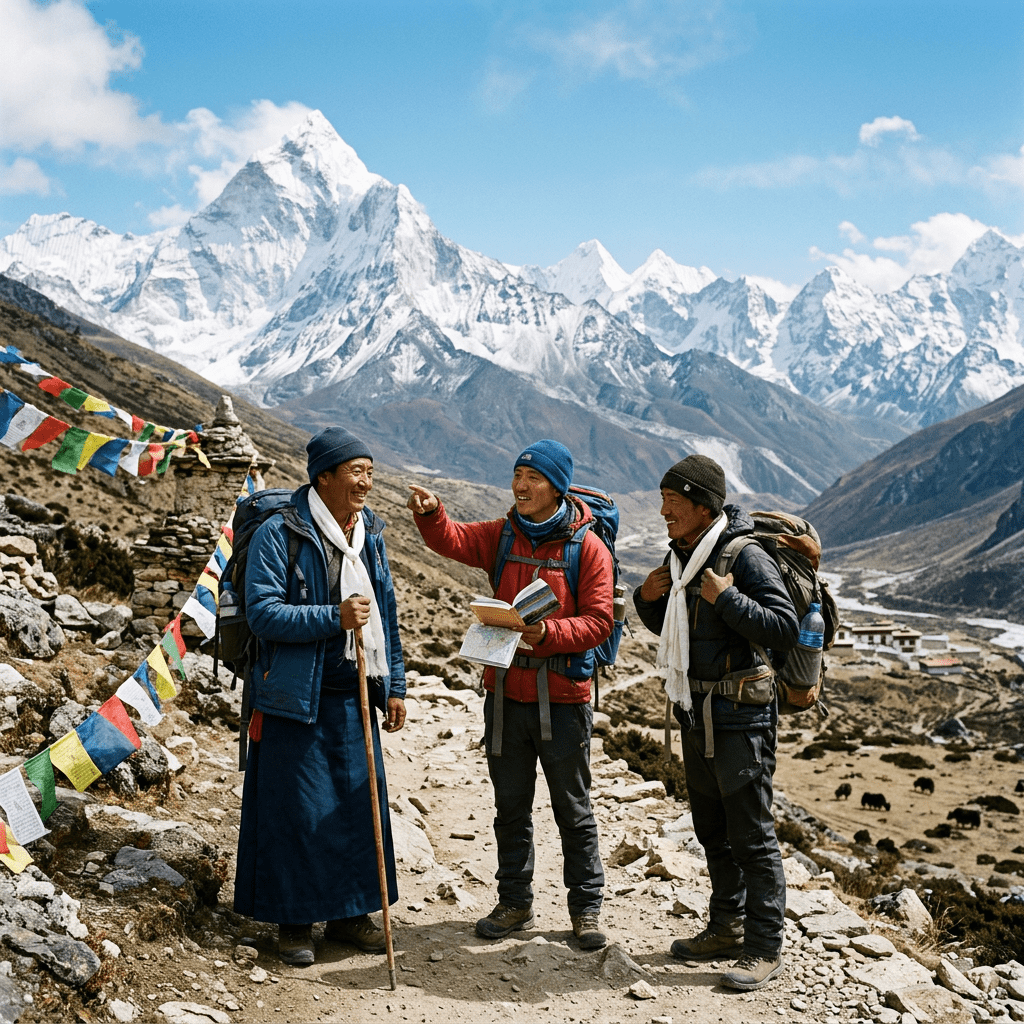 Three hikers in winter gear with backpacks consulting a map in the Himalayas