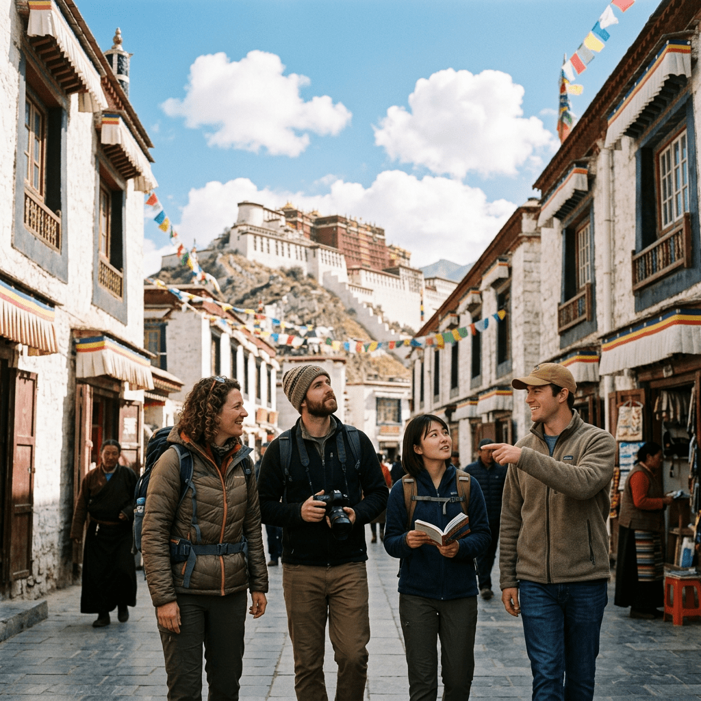 Four tourists walking on a street in Tibet with hiking backpacks, one holding a camera, another holding a guidebook, and prayer flags overhead