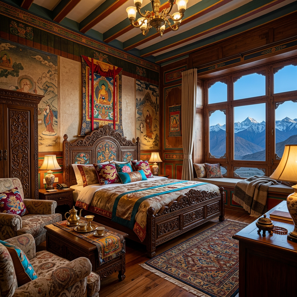 Cozy bedroom with carved wood furniture, colorful textiles, and snow-capped mountain view