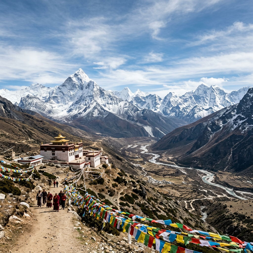Monks walking near a Tibetan-style monastery with colorful prayer flags and snow-capped mountains