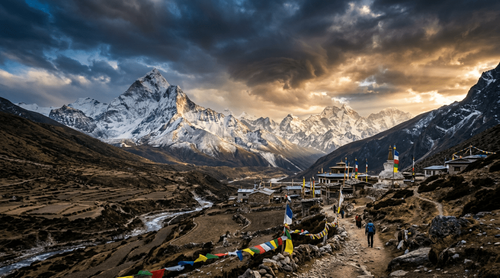 Hikers walking on a mountain path near a village with prayer flags under dramatic sky