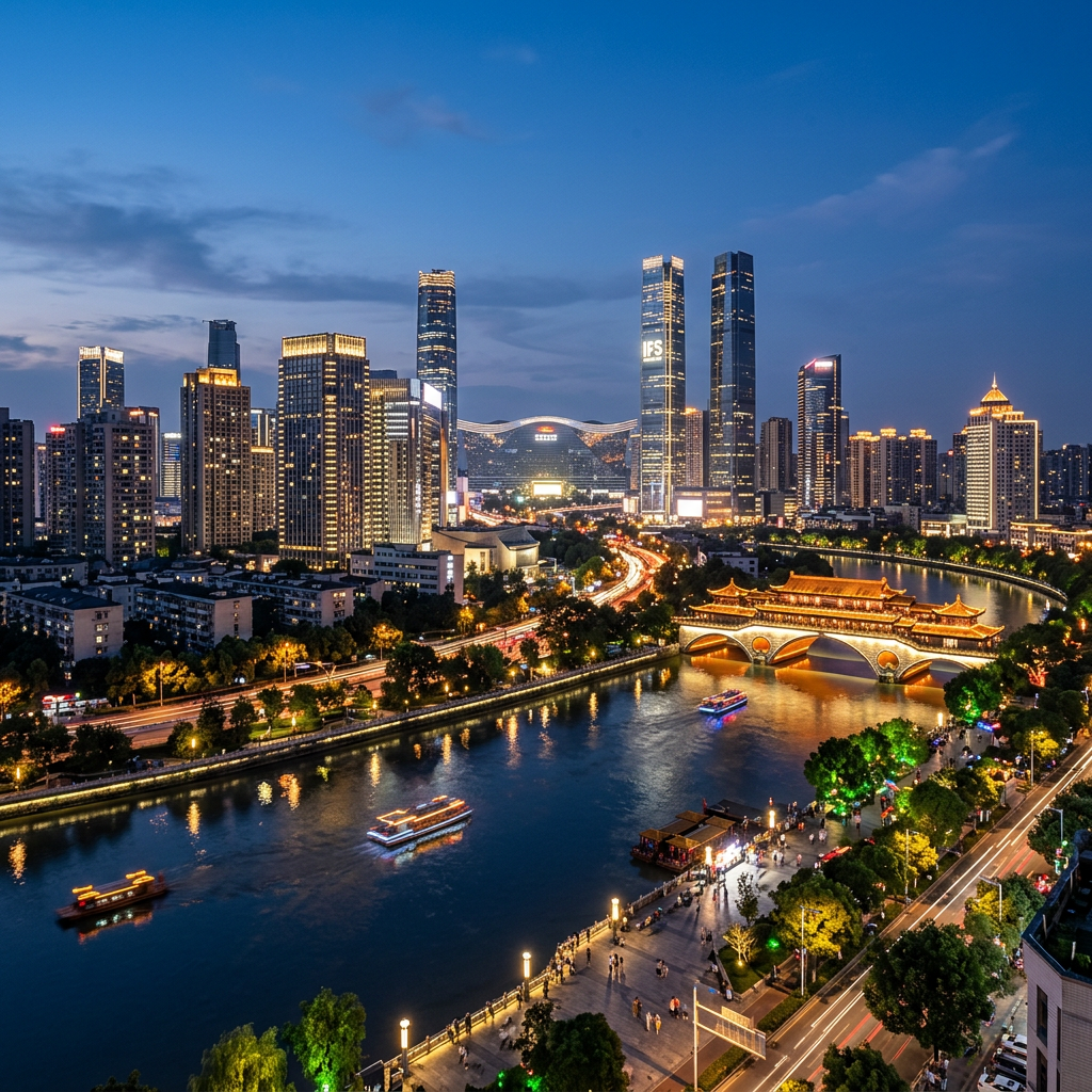 City skyline at night with illuminated traditional bridge over river and boats