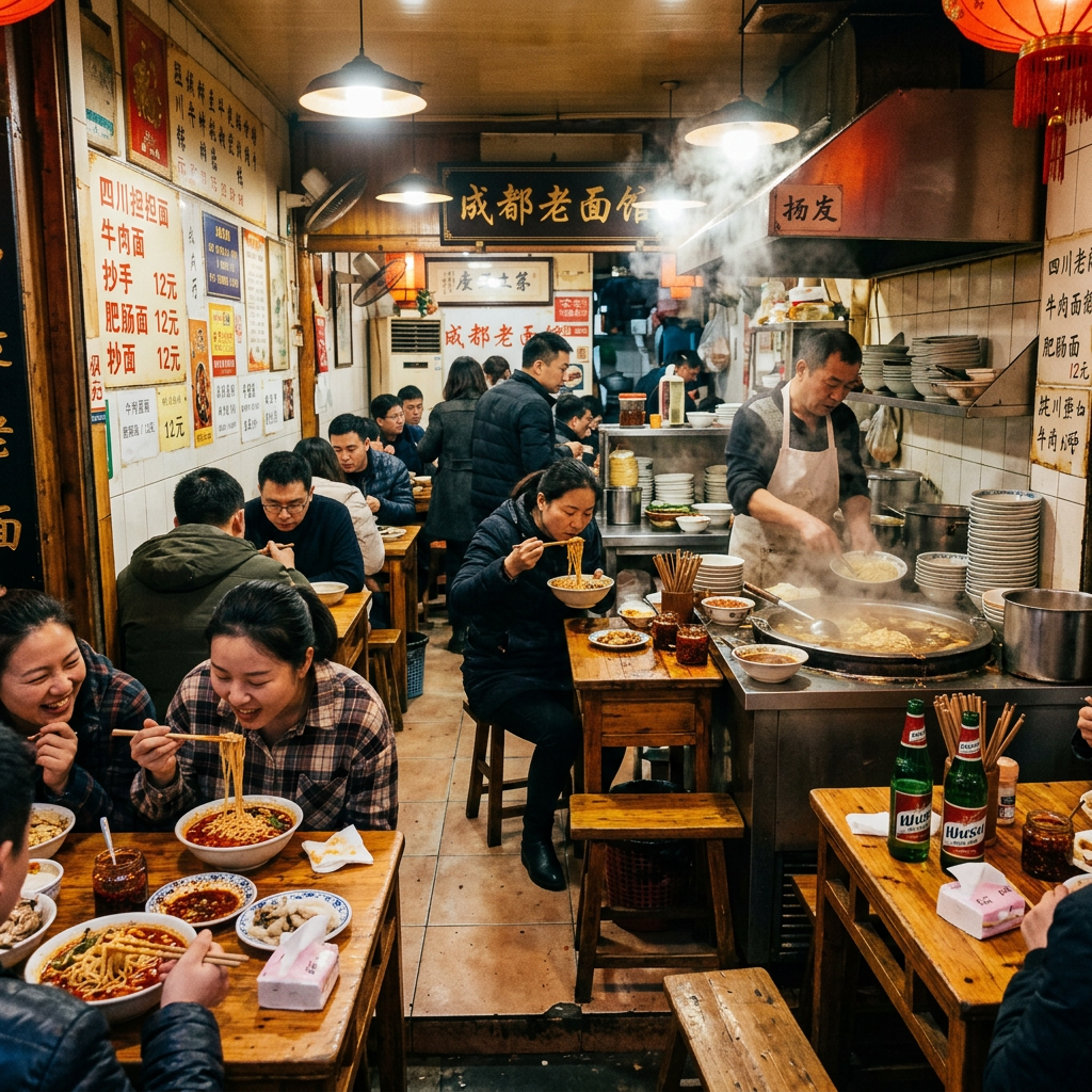 People eating noodles inside a crowded Chengdu noodle restaurant with a chef cooking near the stove