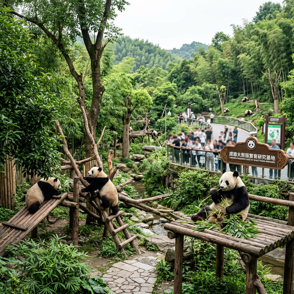 Giant pandas resting and eating bamboo in a lush, enclosed habitat with visitors behind a glass barrier.